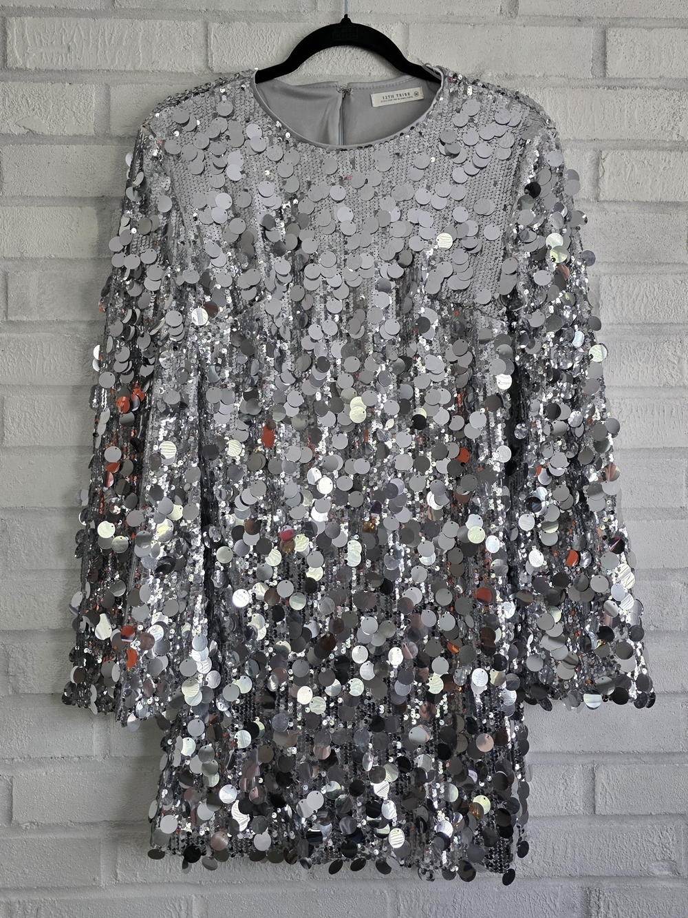 12th Tribe Sequined Pippa Silver Payette Long Sleeve Mini Dress Medium Disco